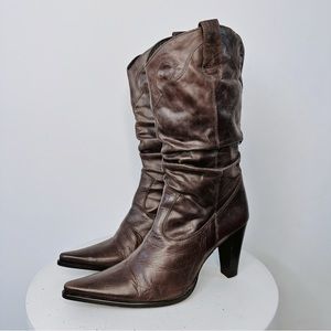 Aldo Mid Calf Slouched Leather Heeled Western Cowgirl Boots